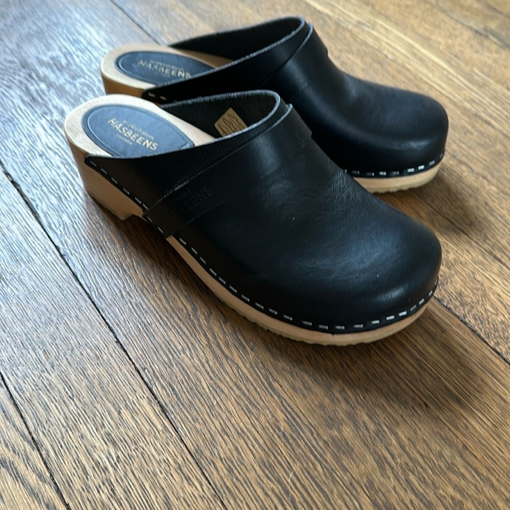 Swedish Hasbeens Black Leather Mules